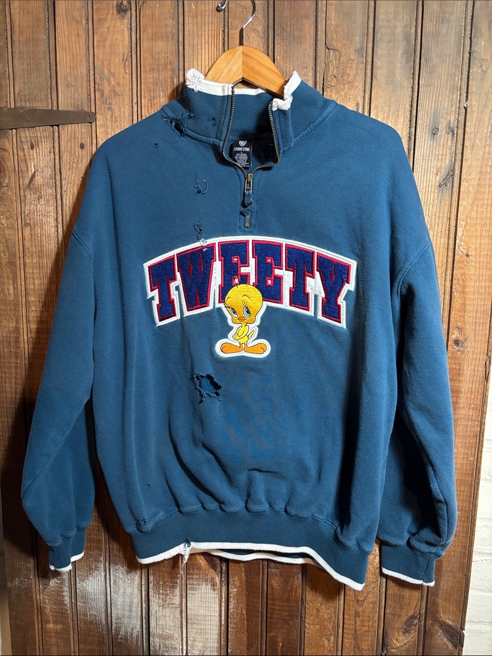 Trashed Vintage Tweety Graphic Blue Men's Half-Zip Sweatshirt